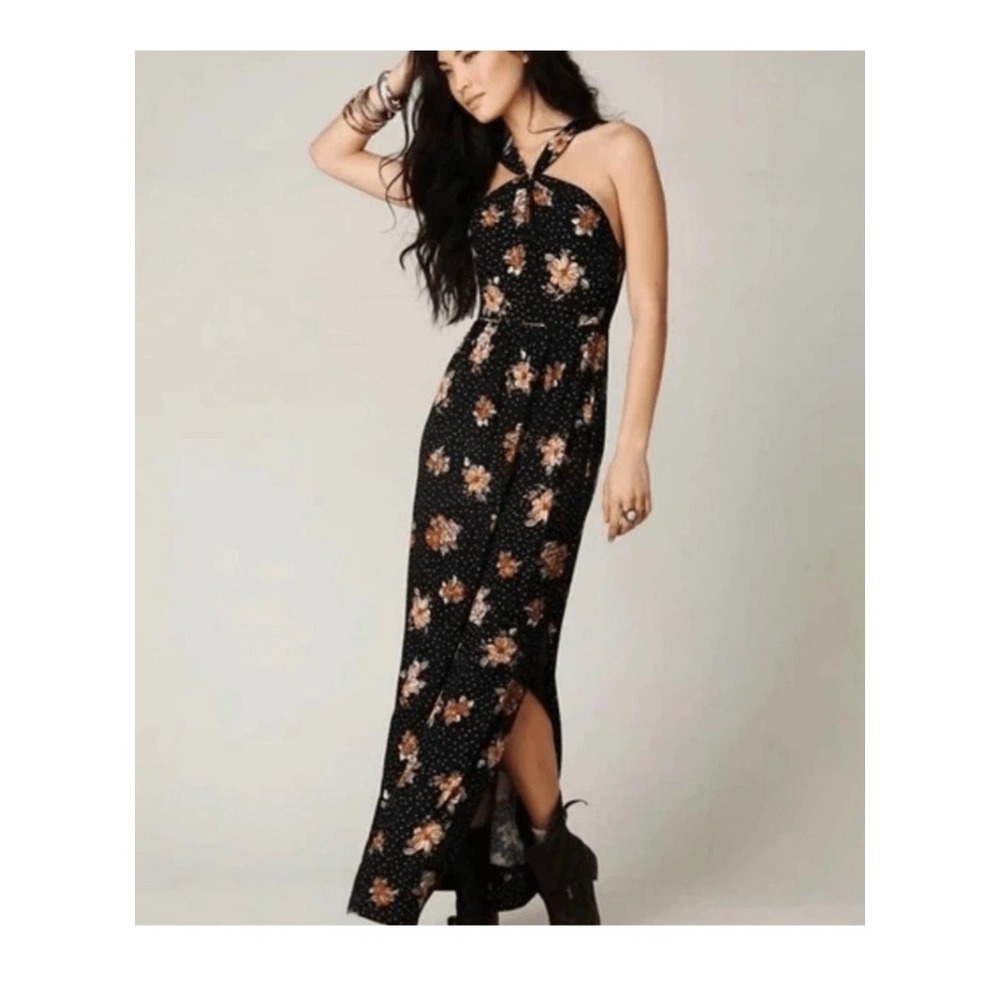 Free People Vintage Boho Black Floral Jersey Dress Slit Size L Large Maxi Halter
